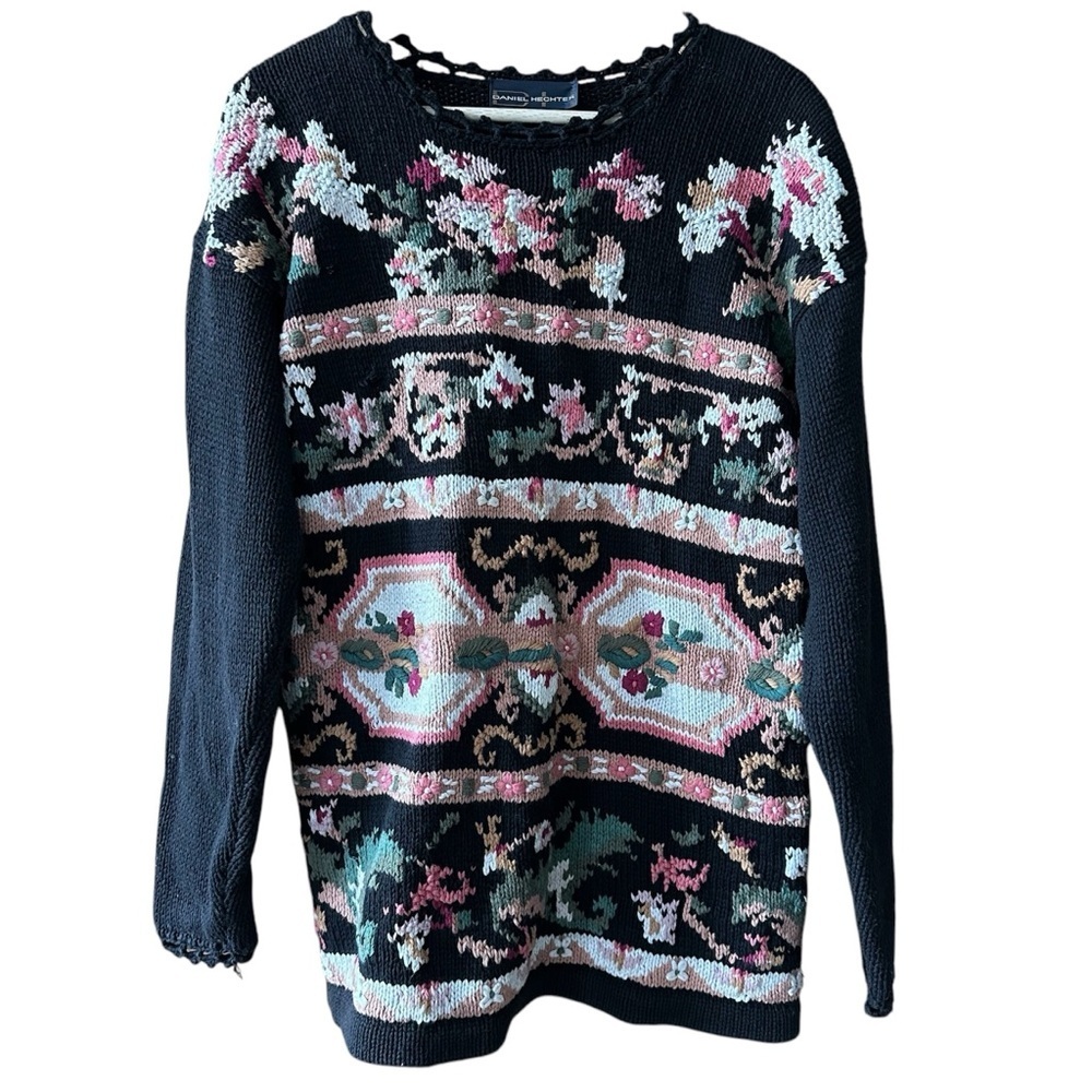 Daniel Hechter 100% Cotton Cottagecore Sweater Dark Florals Knit Grandma Chic